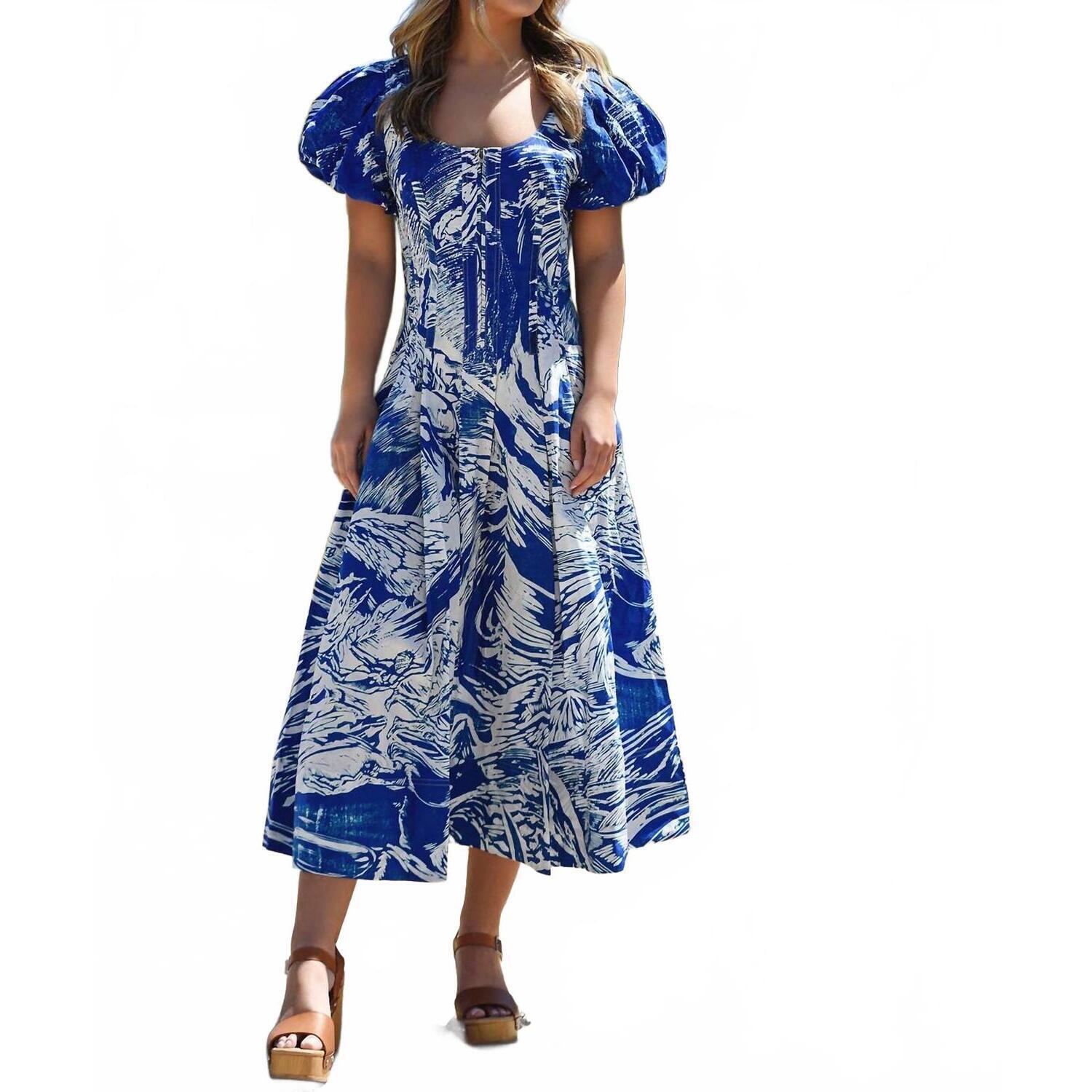 New Jessie Zhao Printmaking Scoop Neck Cotton Midi Dress In Blue
